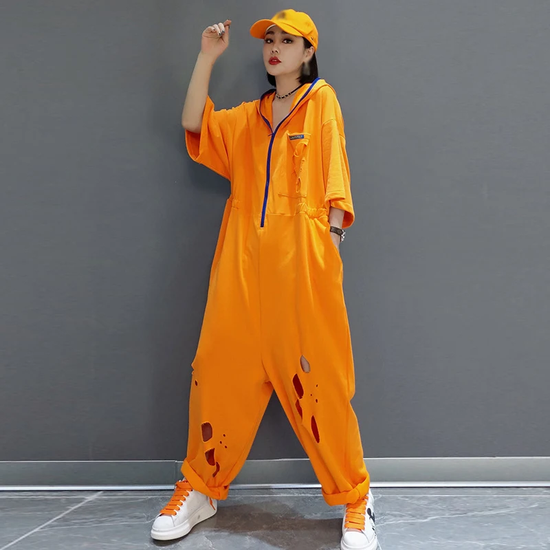 

CHICEVER Green Jumpsuit For Women Hooded Three Quarter Sleeve High Waist Hole Hollow Out Solid Jumpsuits Female Summer Clothing