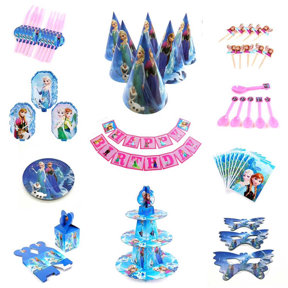 

Disney Frozen Design Girls Birthday Party Decorations Gift Bag Paper Cups Plates Spoon Baby Shower Disposable Tableware Supplies