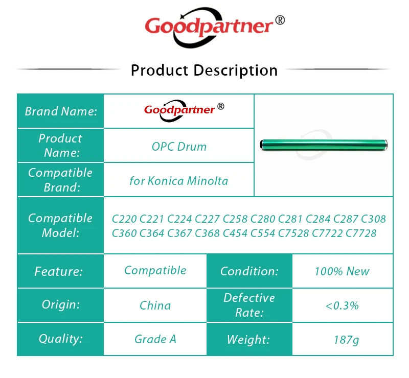1X DR311 OPC барабан для Konica Minolta C220 C221 C224 C227 C258 C280 C281 C284 C287 C308 C360 C364 C367 C368 C454 C554 C7528 C7722 |