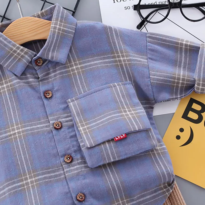 2Pcs/set Baby Boy Summer Cotton Long Sleeve Three-Dimensional Pocket Plaid Pattern Shirt + Corduroy Trousers Casual Set |