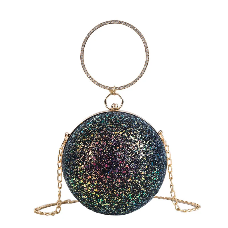 

2020 Women Evening Day Clutch Colorful Crystal Diamonds Round Ball Shaped Clutches Lady Handbag Wedding Purse Chain Shoulder Bag