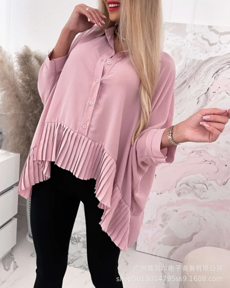 

Pink shirt women blouse pleated bat-sleeved casual shirt long-sleeved single-breasted 2021 new