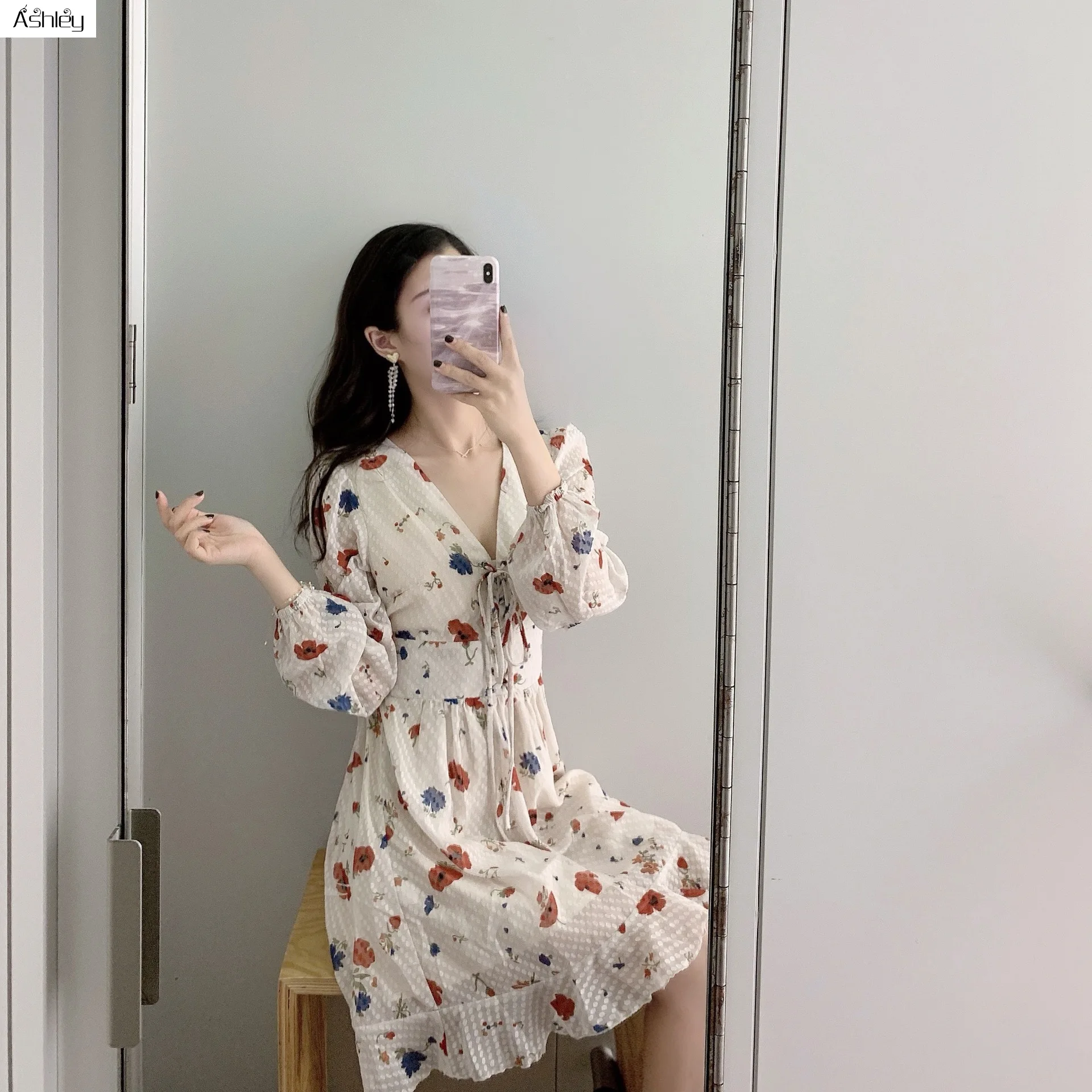 

Ashley Sexy long ruffled sleeve solid foral work dress Elegant vintage women dress Casual ladies waist down holiday beach dress