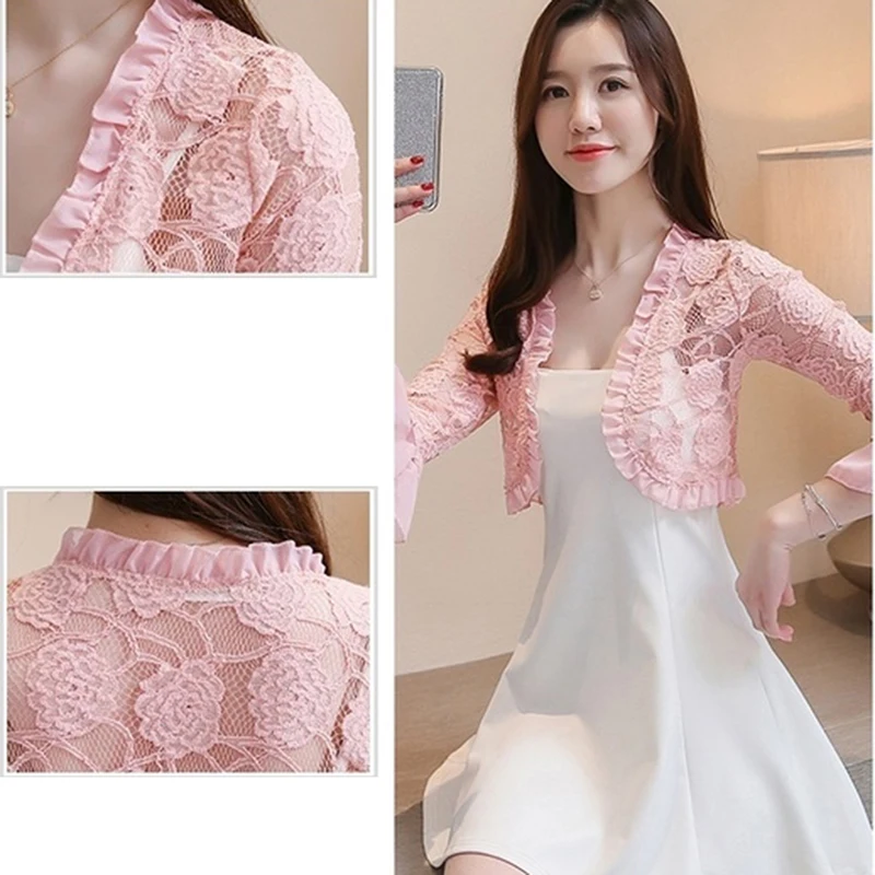 

New Summer 2021 Lace Shirt Women Blouse Hollow Out Lace Crochet Short Tops Cardigan Shawl Waistcoat Vest Blusas Femininas