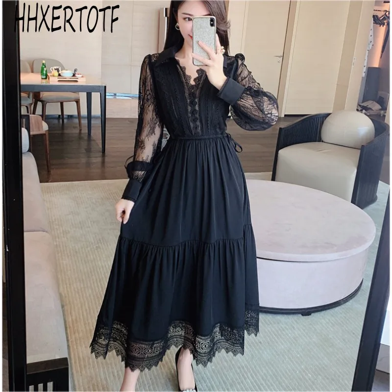 

2021 Spring fashion temperament Women Black lace stitching long sleeves turn down collar lace Dresses