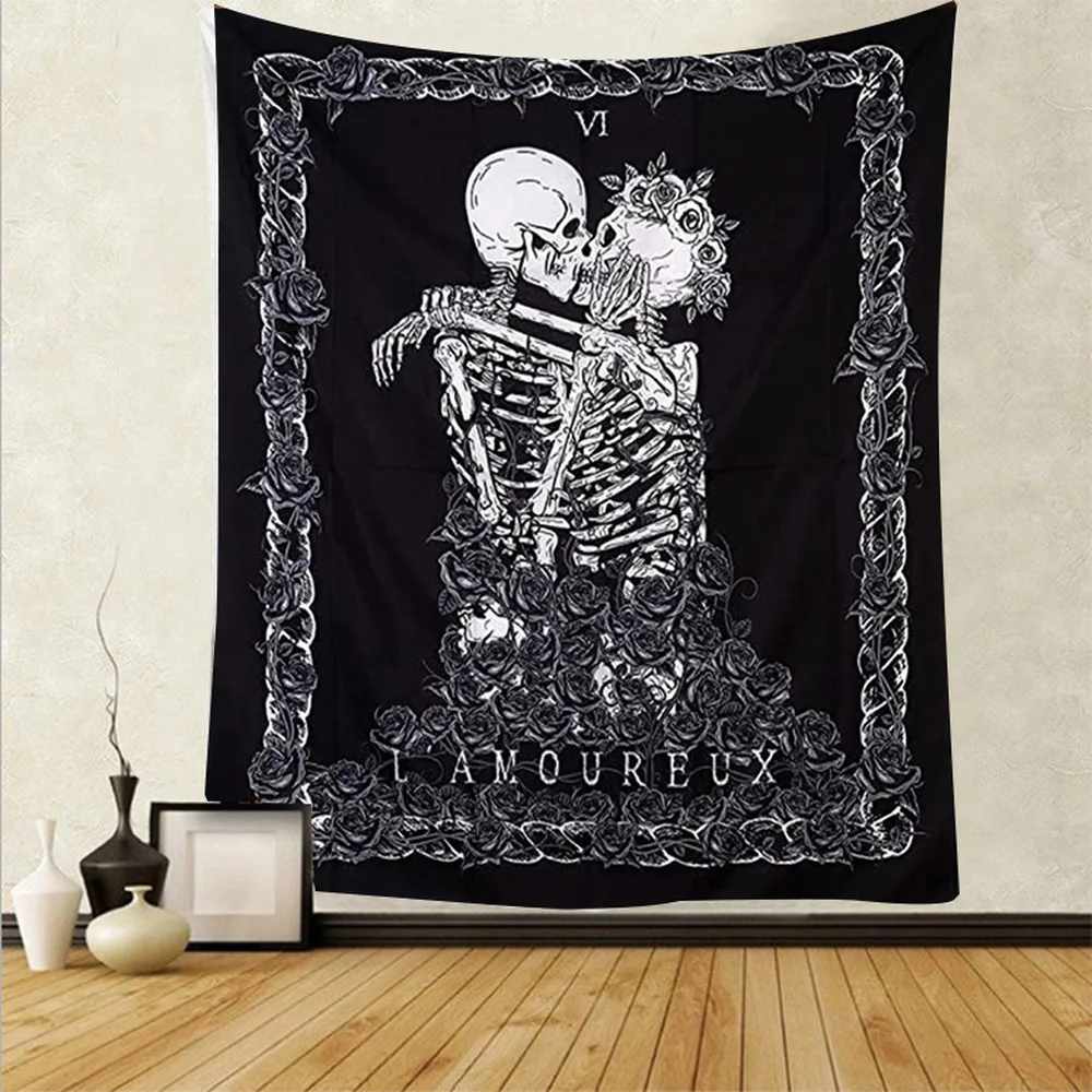 

Gothic Skull Kissing Lovers Tapestry Human Skeleton Wall Hanging Blanket Yoga Mat Bedroom Halloween Decor 130*150cm/150*200cm