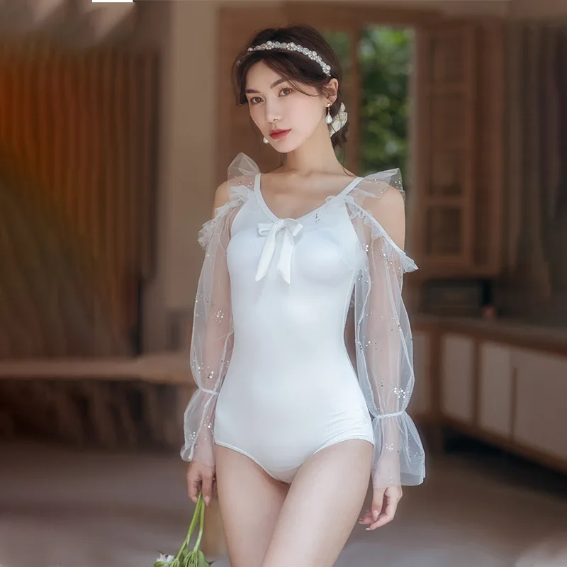 

Vintage Swimsuit Women One Piece Swim Suit For Clothing 2021 Bubble Hot Korea Ins Sexy Long Sleeve Solid Spandex Sierra Surfer