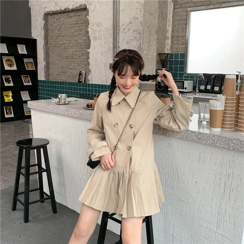 Простые цвета хаки свободные пуговицы линии плиссированные отложным воротником