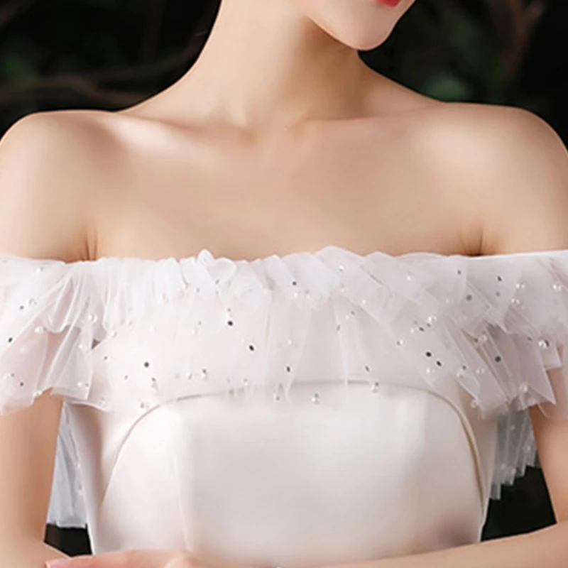 

Womens Tiered Ruffled Shawl Wrap Shrug Bridal Sexy Off Shoulder Lace-Up Tulle Cape Imitation Pearl Beading Wedding Dress