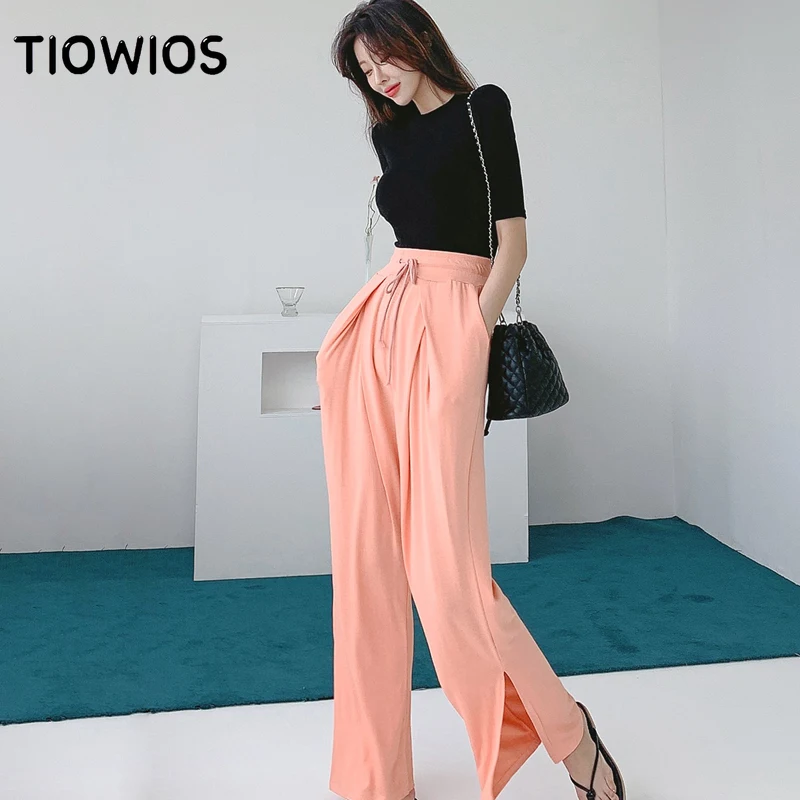 

TIOWIOS 2021 New Woman Two Piece Set Summer Clothes Korean Version Leisure Temperament Slim Fit T-shirt Knitted Slim Pants Set