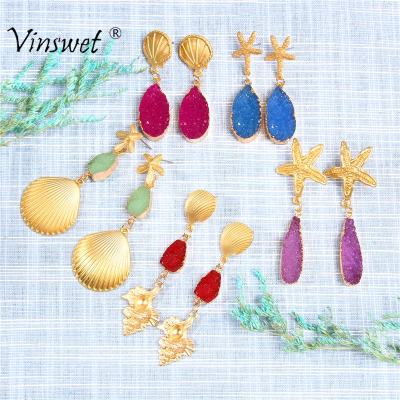 Друза природного камня серьги в виде раковины летние пляжные ювелирные изделия