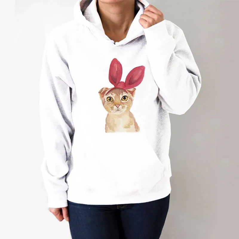 

Rabbit Ears Cat Printed Hoodies Women Fleece Long Sleeve Loose Sweatshirt with Hat Girls Women Hoodie Pullovers Winter