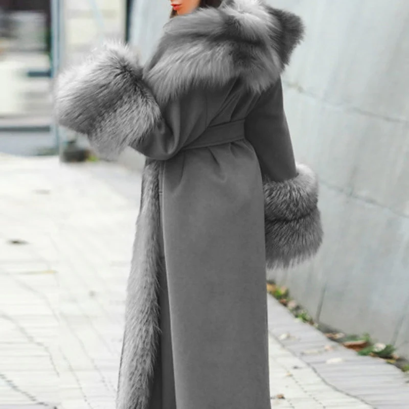 Sungtin Winter Warm Long Faux Fox Fur Coat Women with Belt Collar Lapel Casual Thick Jacket Female 5XL Fashion Clothing Chic | Женская