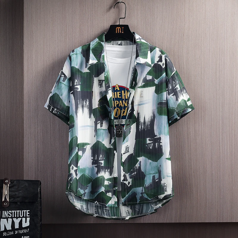 7XL ~ m ultra thin port style short sleeve shirt men's 2021 summer new large ice silk breathable fashion printed air conditionin