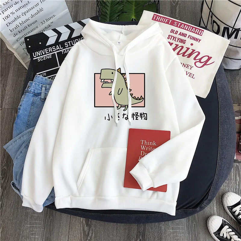 

Casual Long Sleeve Loose Hooded Sweatshirt Women Harajuku Cartoon Dinosaur Print Hoodies Autumn Winter Fleece Hoody Pullover Top