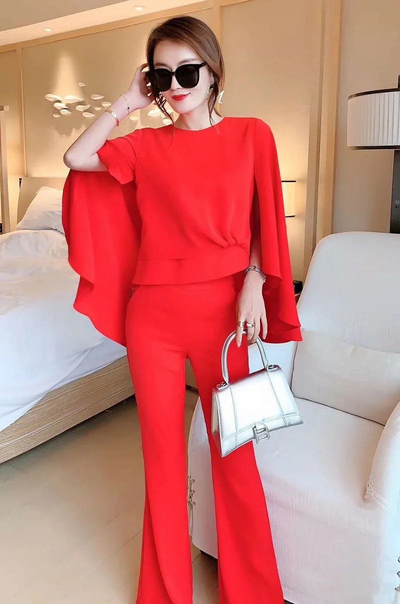 

High Quality Women's Set 2020 Spring Casual Pant Suit Ladies Cape Poncho Tops +Flare Leg Red Black Pant Sets & Suits Female