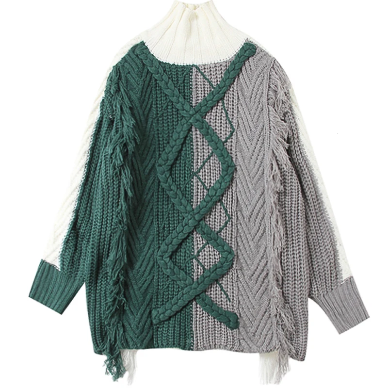 LANMREM 2020 Новая мода хит цвет лоскутное кисточкой свитер женский длинный рукав
