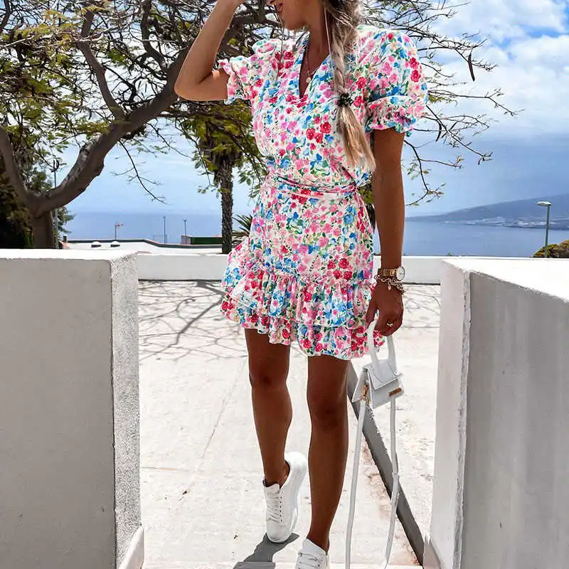 

Floral v neck plied mini female dress summer puff mango flowers print line tracks casual dress newly women's dresses