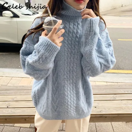 

Зимний винтажный плотный свитер для женщин Небесно-Голубой вязаный джемпер с длинным рукавом Женская Осенняя Водолазка Теплый свитер пуло...