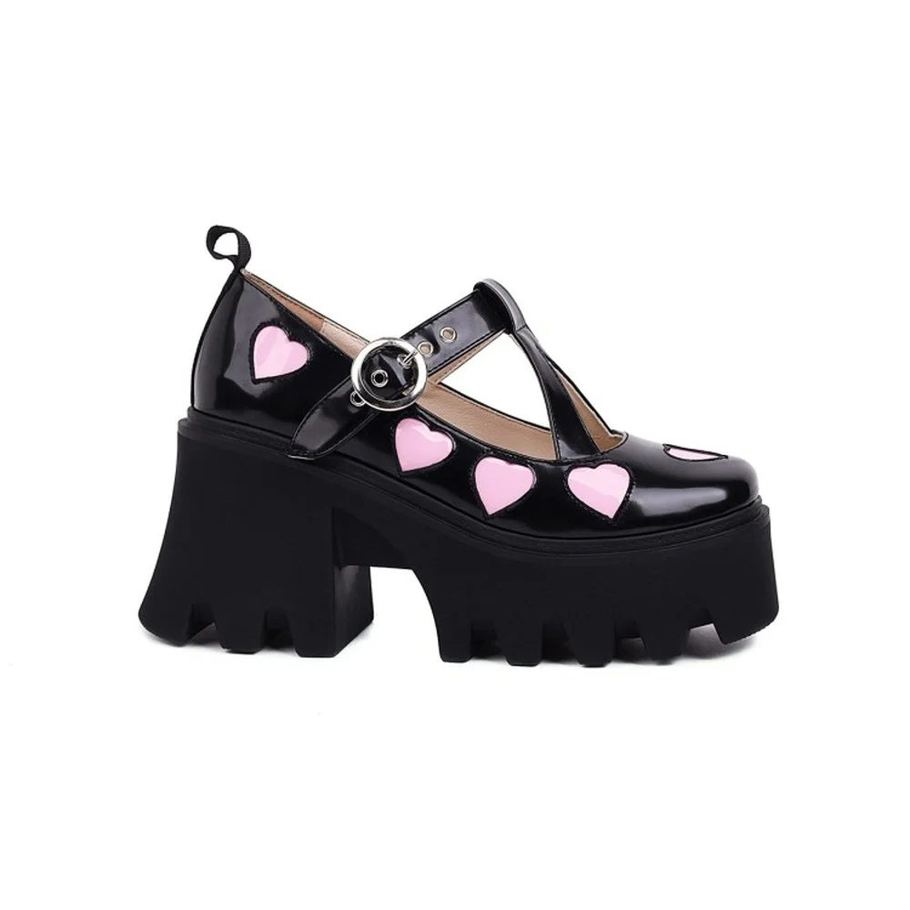 

Womens Platform Heart T-Straps Creepers Chunky High Heel Oxfords Shoes Punk Retro British Styles Black Harajuku New