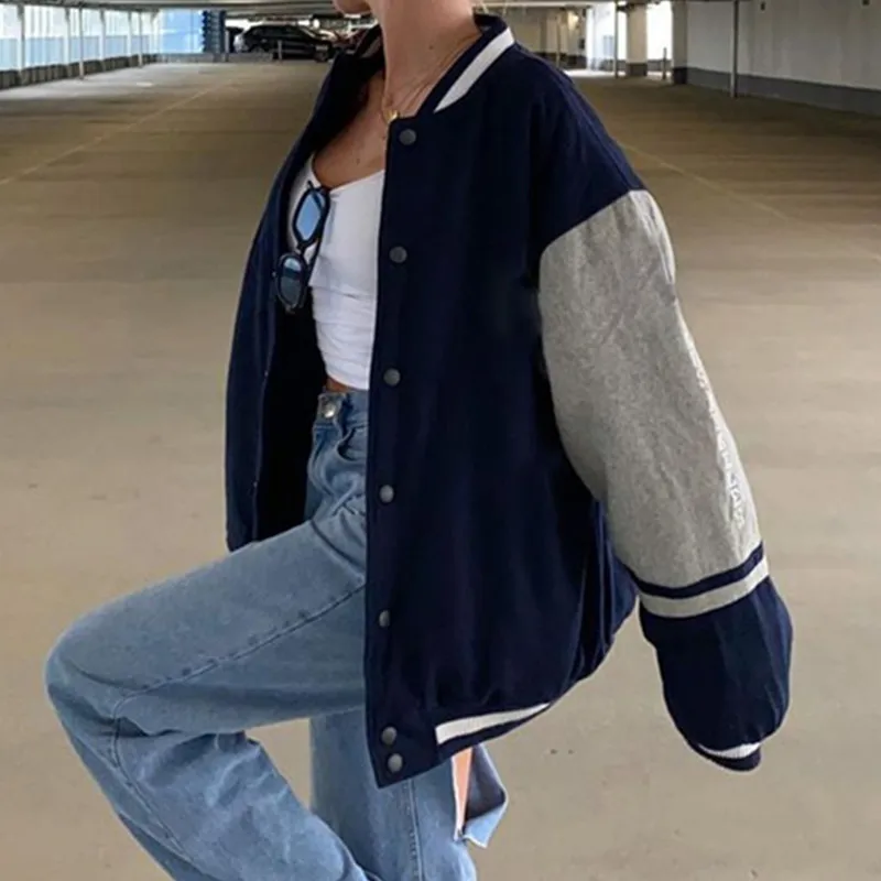 

2022 Oversized Casual Winter Varsity Jacket Women Hip Hop College Coats Ladies Unisex Racer Fashion Streetwear