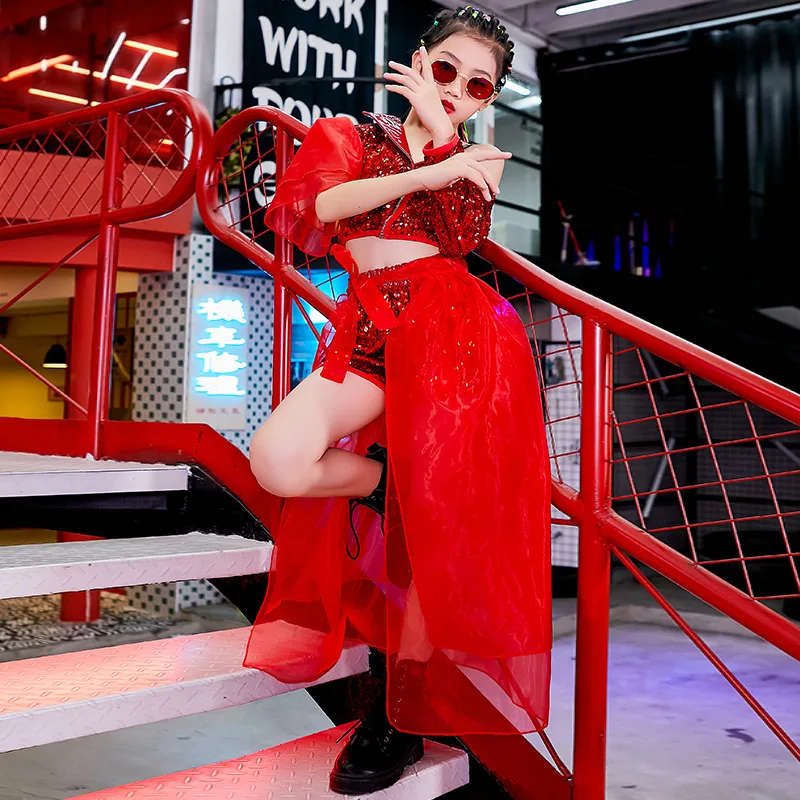 

2020 Girls's Hip Hop Performance Clothes Jazz Dance Costume Red Sequins Fluffy Skirt Modern Model Show Children Stage Wear