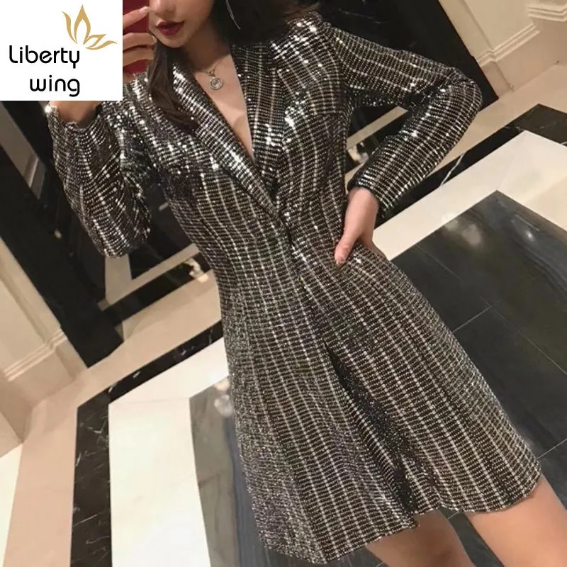 Spring New Women Bling Sequined Party Long Blazer Dress Elegant Slim Fit Lapel Collar OL Work Suit Female Jacket Coats | Женская одежда