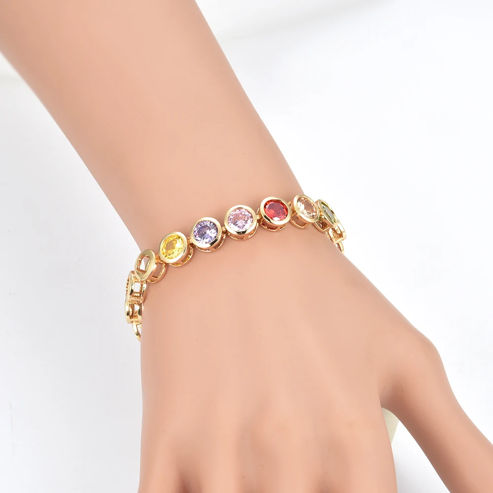 Модный женский браслет золотого цвета с разноцветным цирконием фианитом