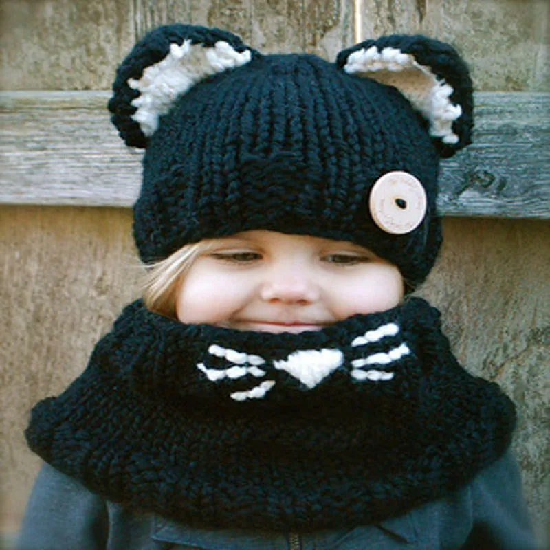 

Children's Hat Cat Neck Scarf Baby Hood Autumn Winter Hand Hook Keep Warm 4-8 Years Old Wool Knit Hat