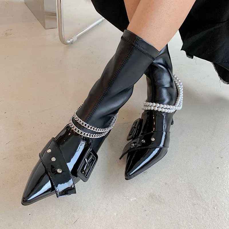 

VERCONAS New 2020 Handmade Women Mid-Calf Boots Autumn Winter Patent Leather Fashion Buckle Pearl Chain Pointed Toe Boots Woman