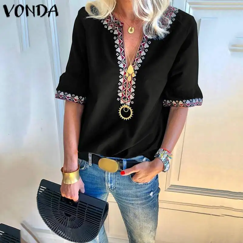 VONDA/Винтажные рубашки с коротким рукавом женские блузки летние сексуальные с v-образным вырезом Печатные Туники Повседневная Женская свободного покроя офисные топы и блузки