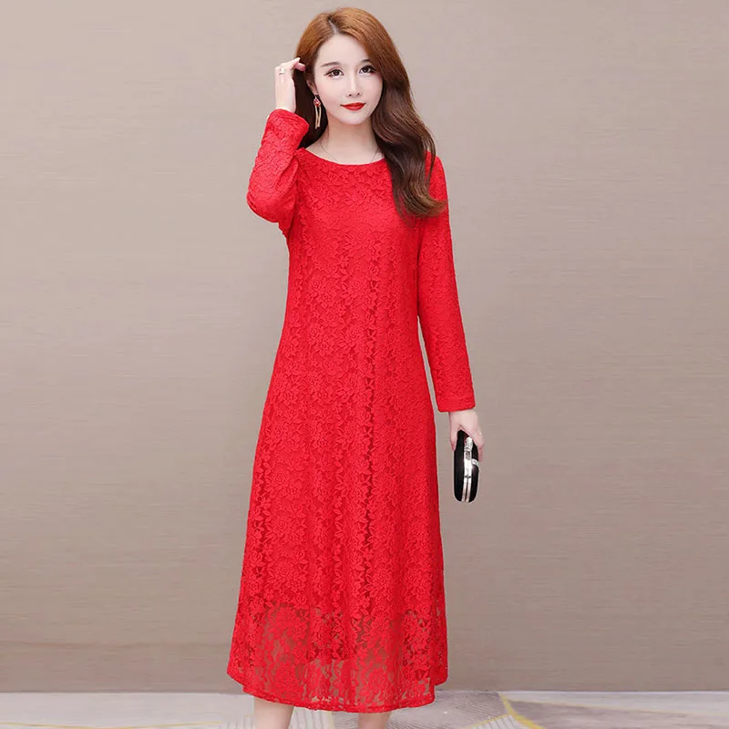 

Vintage Hollow Out Lace Maxi Dress Women Plus Size 4Xl 5Xl Elegant Long Sleeve Dress Spring Casual Loose Long Dress Vestidos