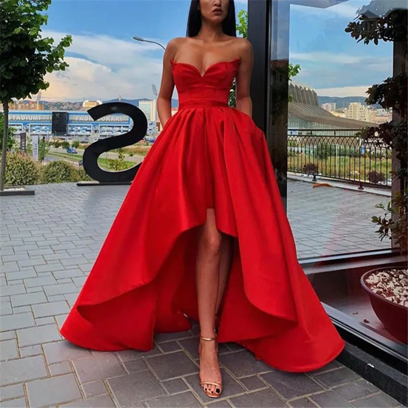 Красный Атласное платье для выпускного вечера длинное платье с шлейфом Vestidos De Gala платье на бретельках для выпускного вечера - Цвет: Красный