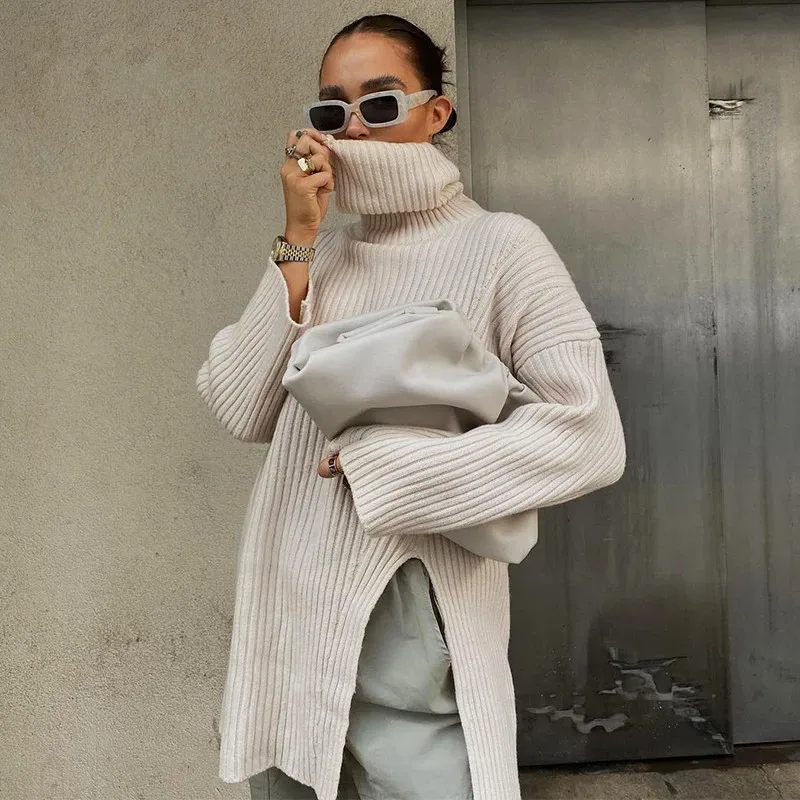 

2021 Autumn Winter Turtleneck Oversized Pullover Women Casual Loose Knitted Sweater Long Sleeve Jumper Tops Fashion