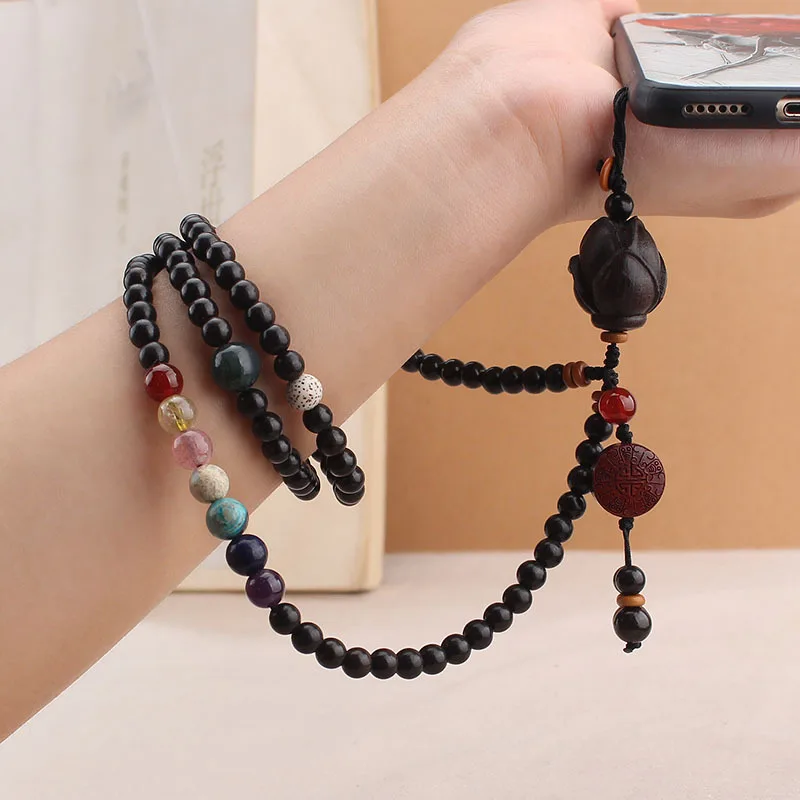 

Chinese elements handmade long wood bead mobile phone lanyard ebony rose phone chain hanging neck detachable cute neck lanyards