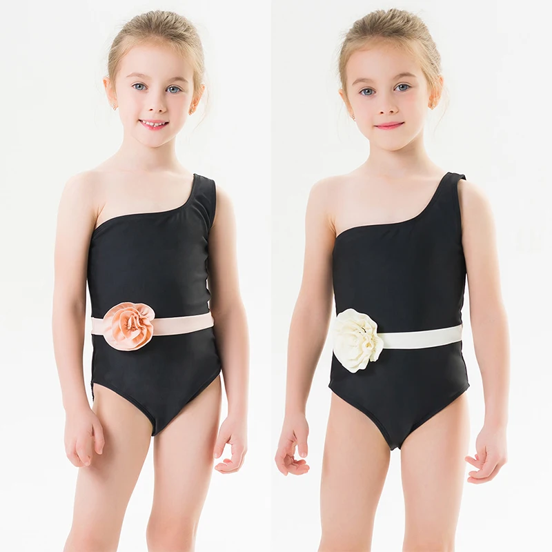 

2-7Y Girls Swimsuit One Shoulder One Piece Swimwear Kids 3D Flower Patchwork Bathing Suit Toddler Baby Beachwear Siamese Bikini