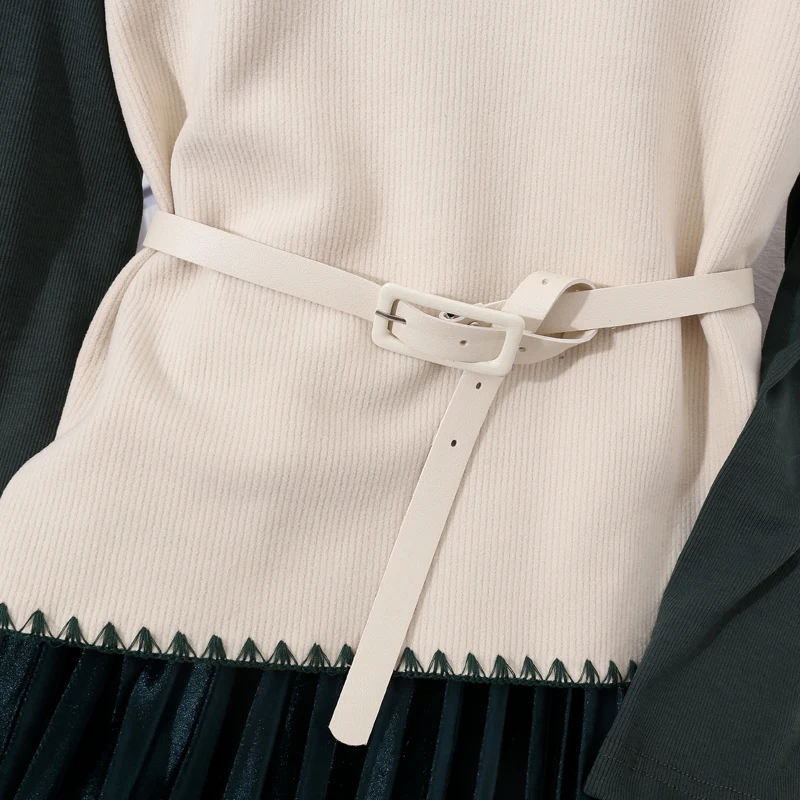 Gagarich Women Dress Two Piece Set Fashion 2019 Autumn Winter Gold Velvet Pleated Waist Belt High Collar Pullovers Female Suit | Женская