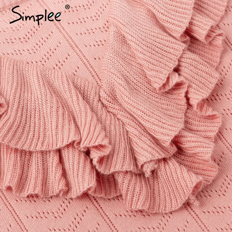 Женский вязаный свитер Simplee с рюшами полый облегающий пуловер круглым вырезом