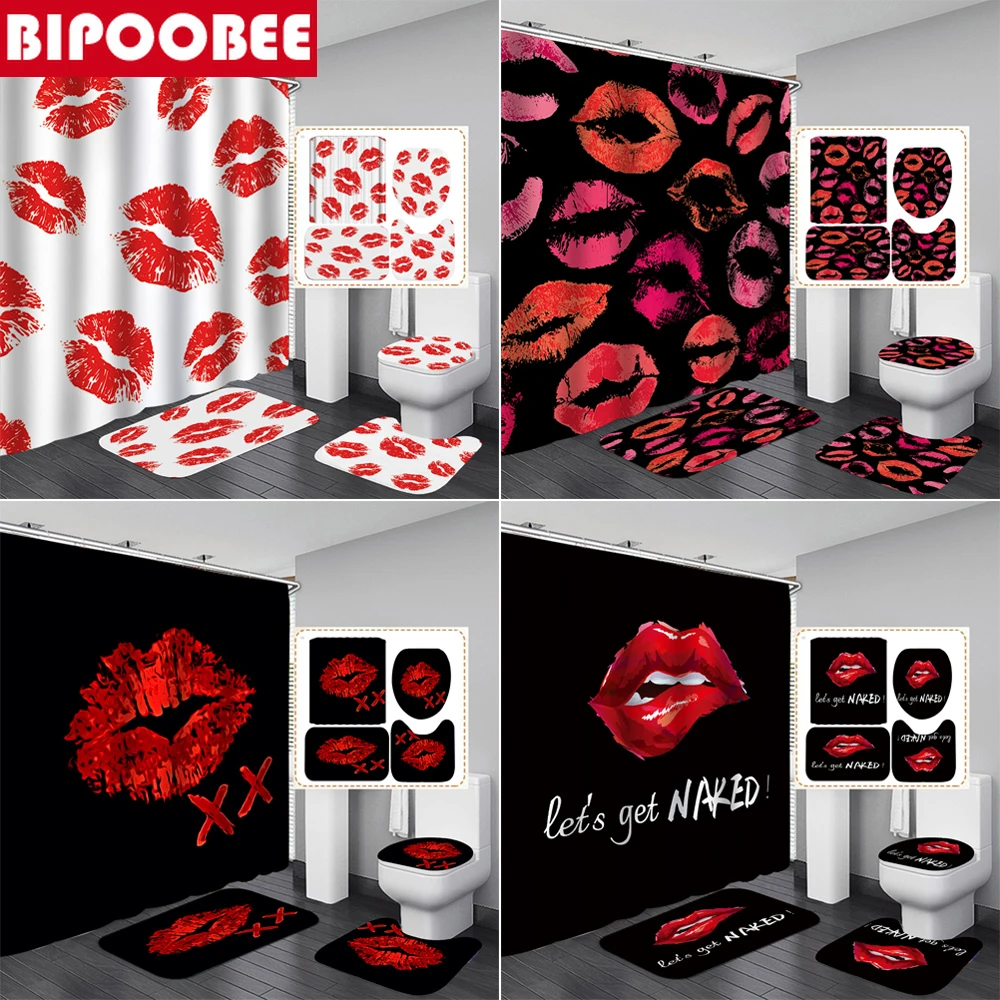 Сексуальные красные губы Ванная комната душа Шторы и ковер комплекты с принтом в