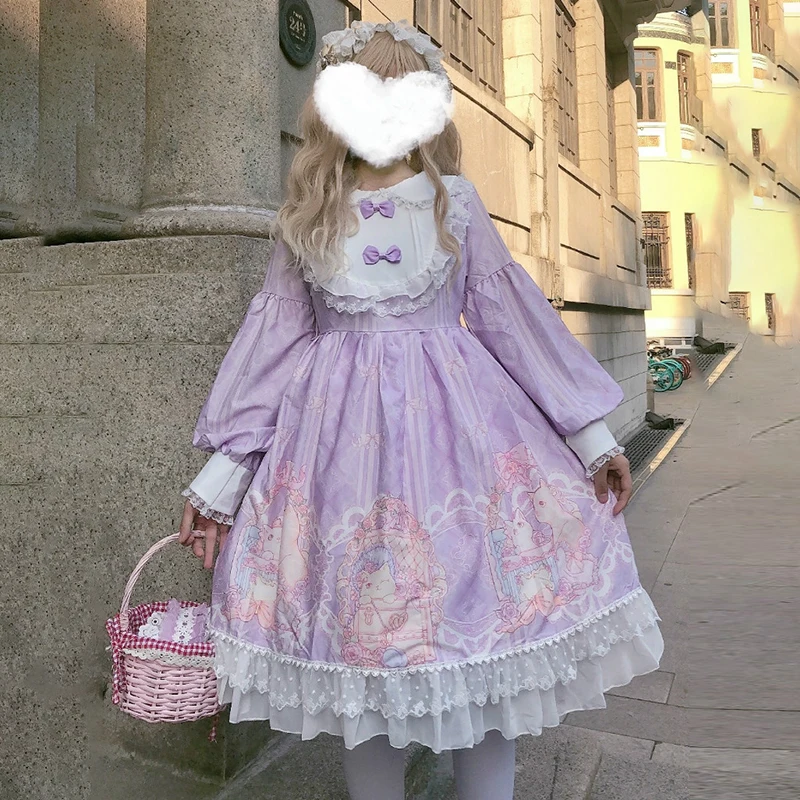 

Harajuku Lolita dress Cosplay Original Lolita cat daily soft sister Japanese cute lantern long sleeve op dress autumn winter