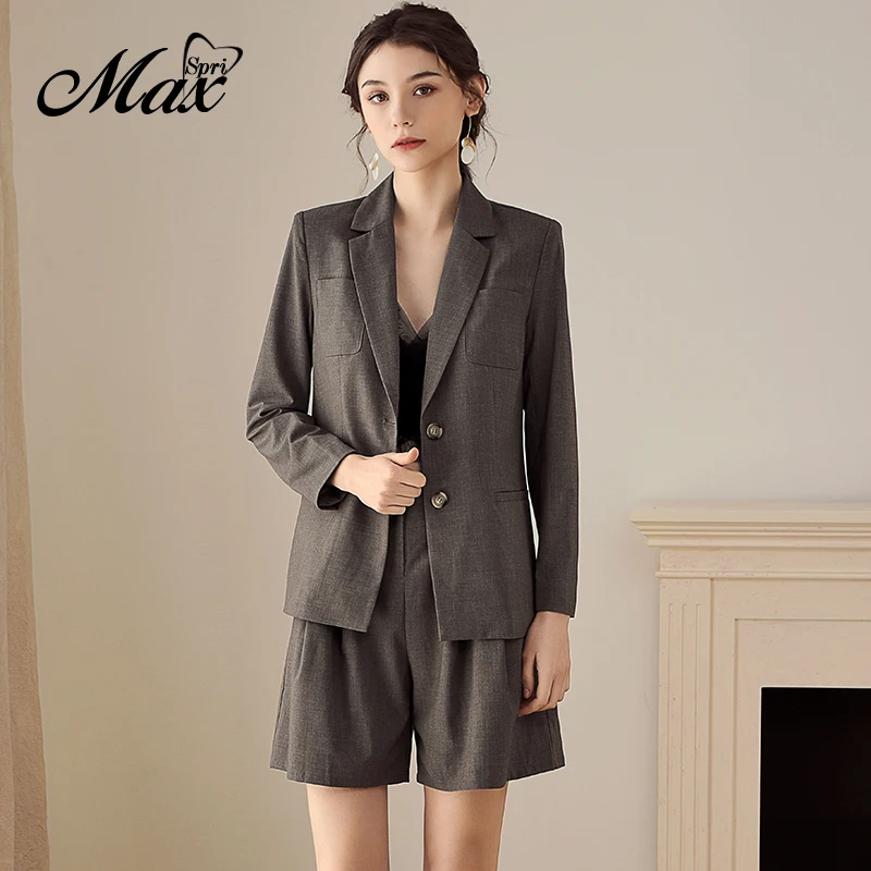 

Max Spri 2020 New Fashion Two Piece Sets Suits Long Sleeves Coat Button Shorts Women Daily Outfit Hot Office Lady Style