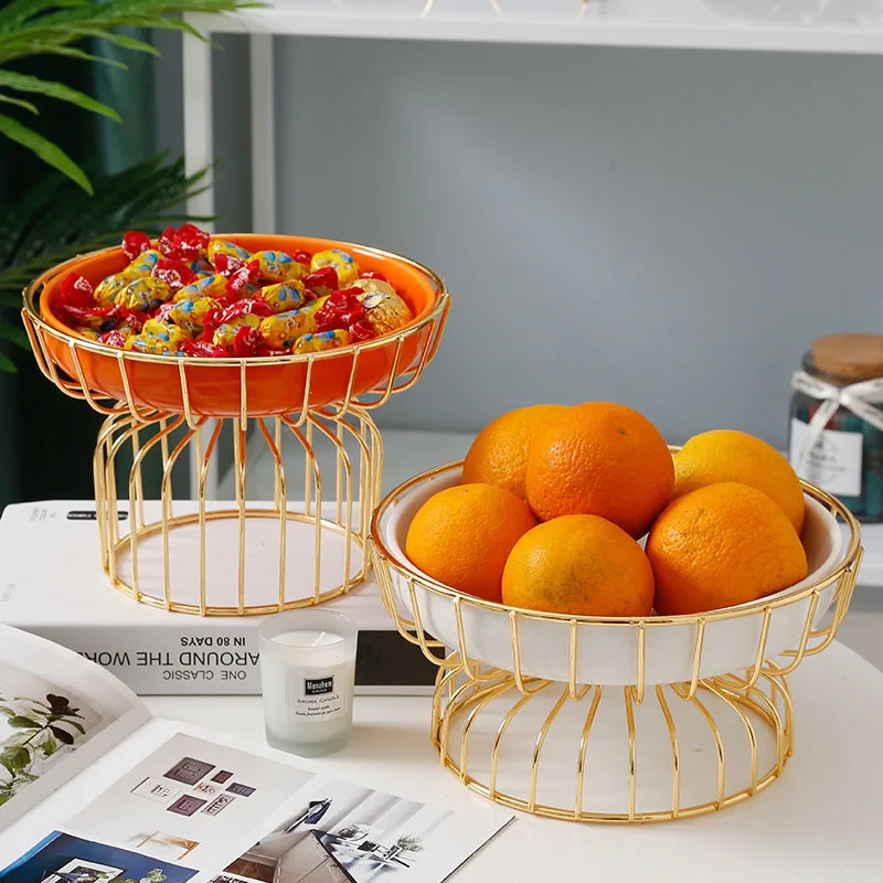 

Ceramic Fruit Plate Dessert with Metal Storage Rack Snack Food Container Kitchen Dinner Tableware Serving Dish Bowl Organizer