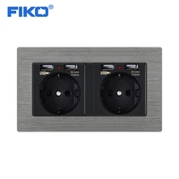 fiko 2gang 16a eu socket with dual usb gray aluminium alloy panel eu power standard14686mm family wall power socket
