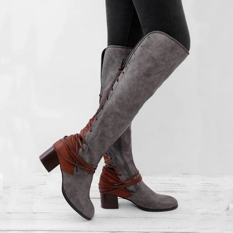 Женские сапоги до бедра брендовые мотоциклетные из натуральной кожи на шнуровке