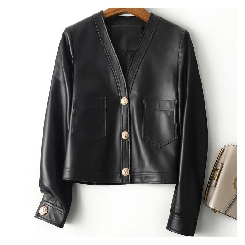 

Genuine leather jacket women 2021 spring new fashion black real sheepskin coat women short style luxury overcoat