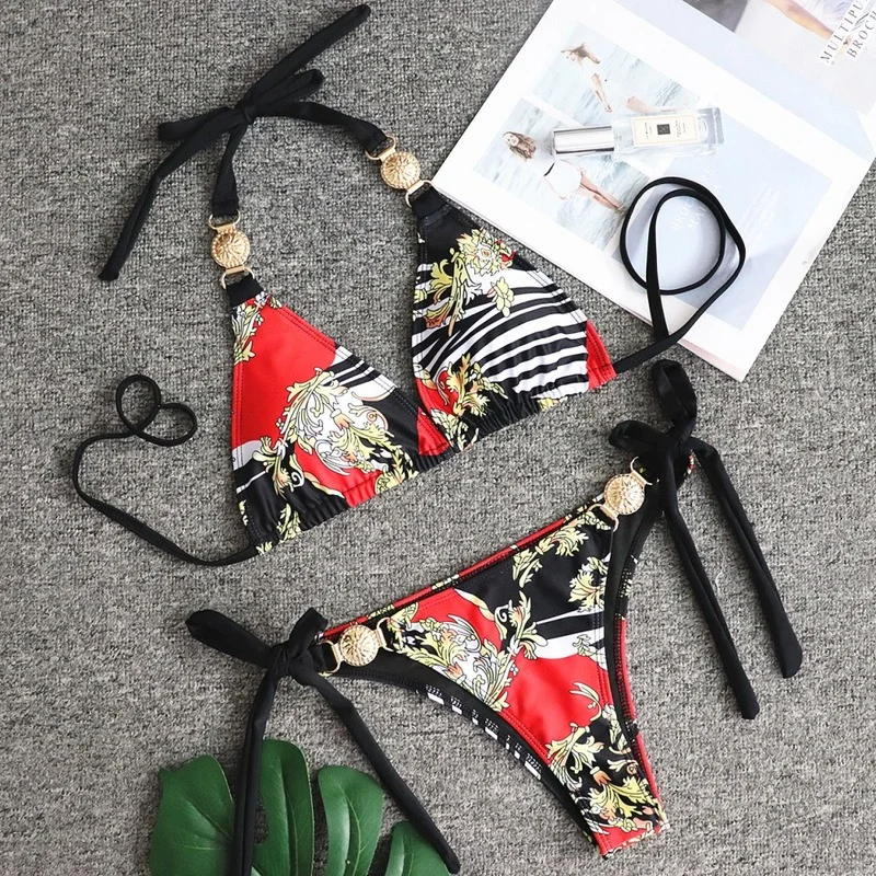 

YILINHAN Metal Buckle Swimsuit Push Up Swimwear Halter Bikini Women's Swimwear and Beachwear Women's Bathing Suit Thong Bikini