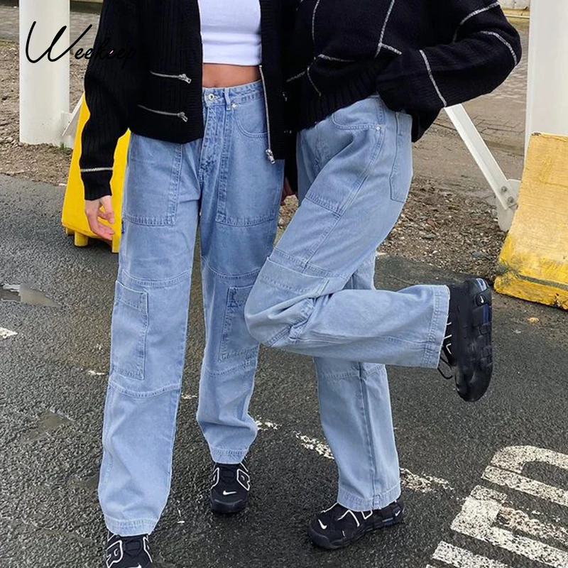 

Weekeep Blue Casual Loose Straight Jeans Women High Waist Pockets Patchwork Denim Pants Slim Korean Fashion Long Trousers Summer