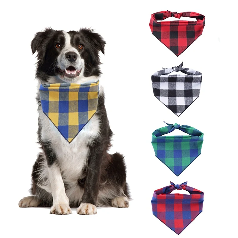 

Pet Dog Bibs Triangular Bandage Puppy Cat Scarf Double-Cotton Plaid Printing Kerchief Cat Neck Decor Dress Up Birthday Party S/L