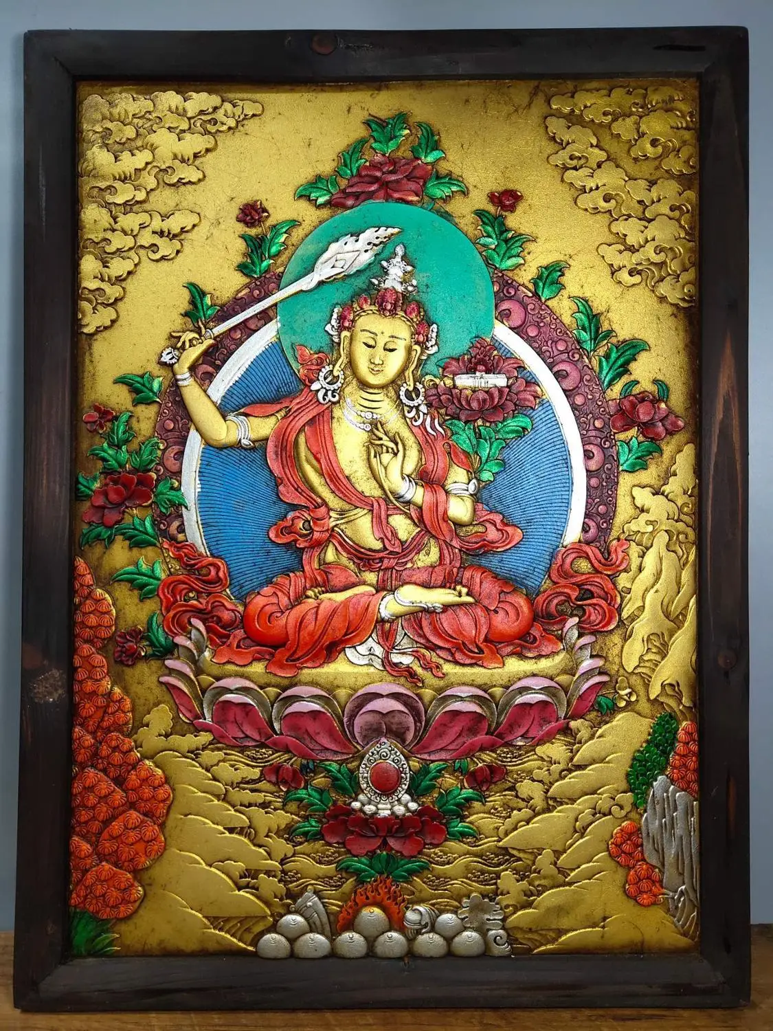 

Home Decor 28" Tibet Buddhism Temple Old Mahogany Photo Frame Thangka Painted Manjushri Bodhisattva Hanging pictures Thangka