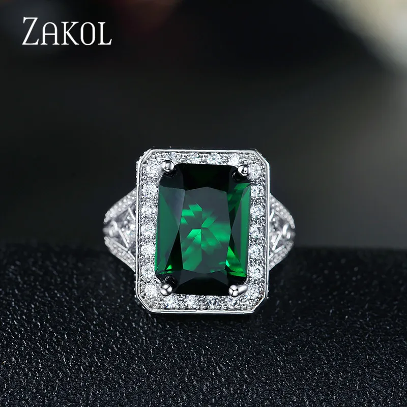 ZAKOL роскошные женские обручальные кольца с большим зеленым квадратным цирконием и кристаллами Bague Bijoux Femme аксессуары, обручальные кольца FSRP2029